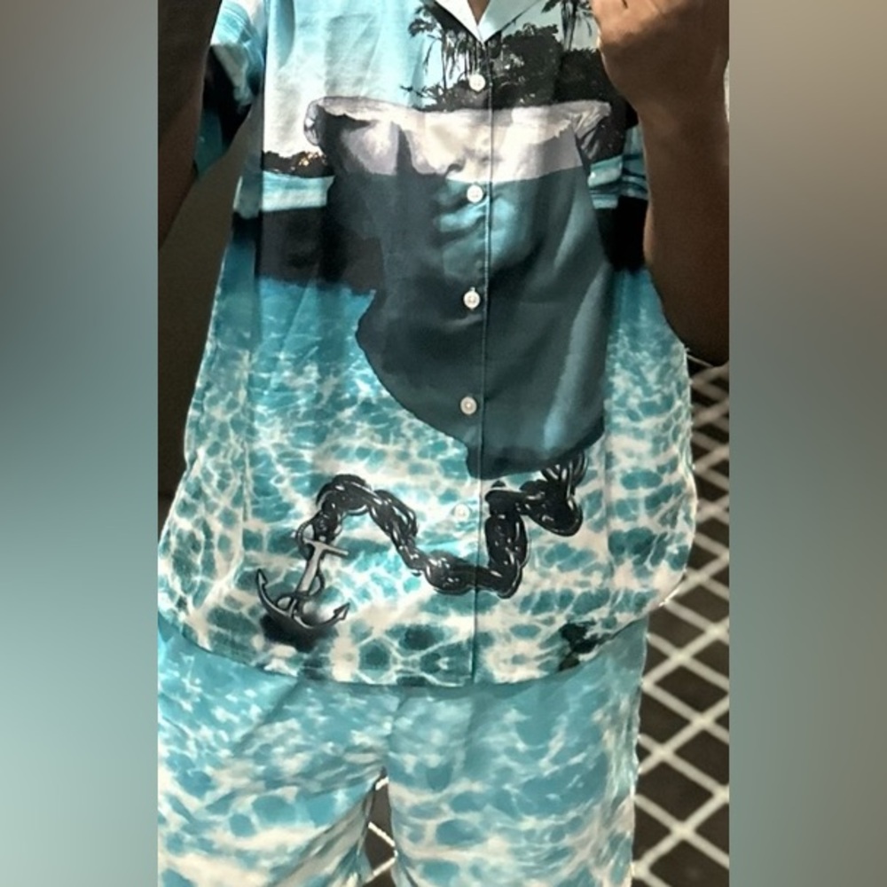 blue graphic shirt and shorts